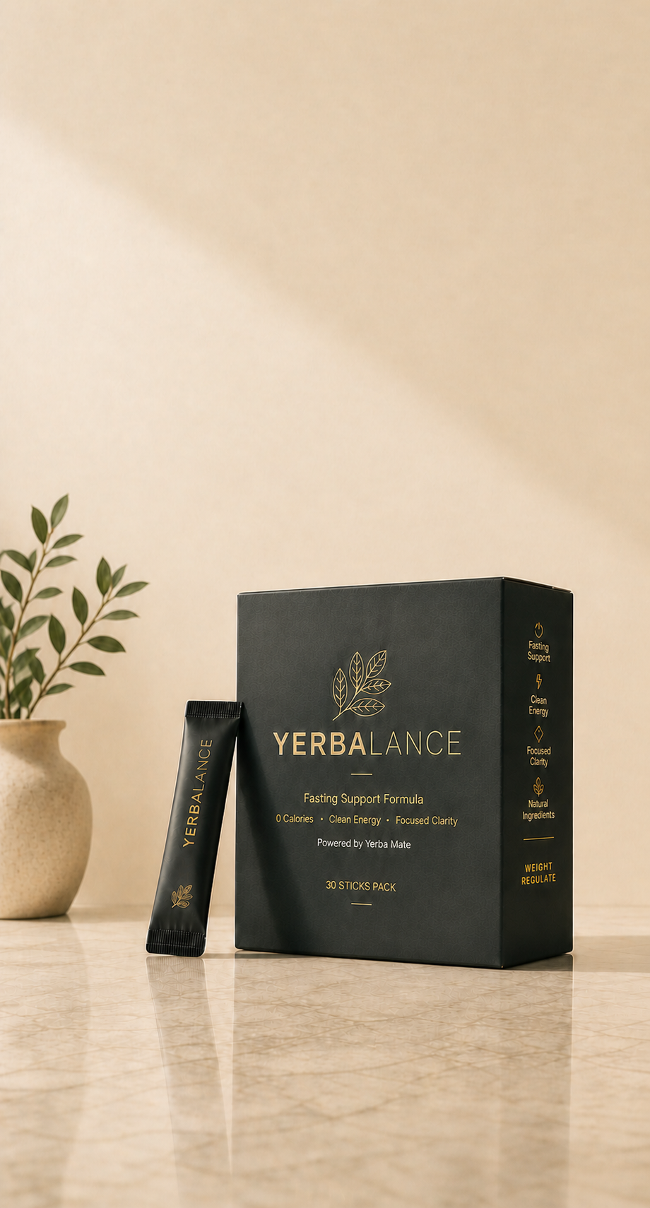 Yerbalance box and single-serve stick on a cream marble surface