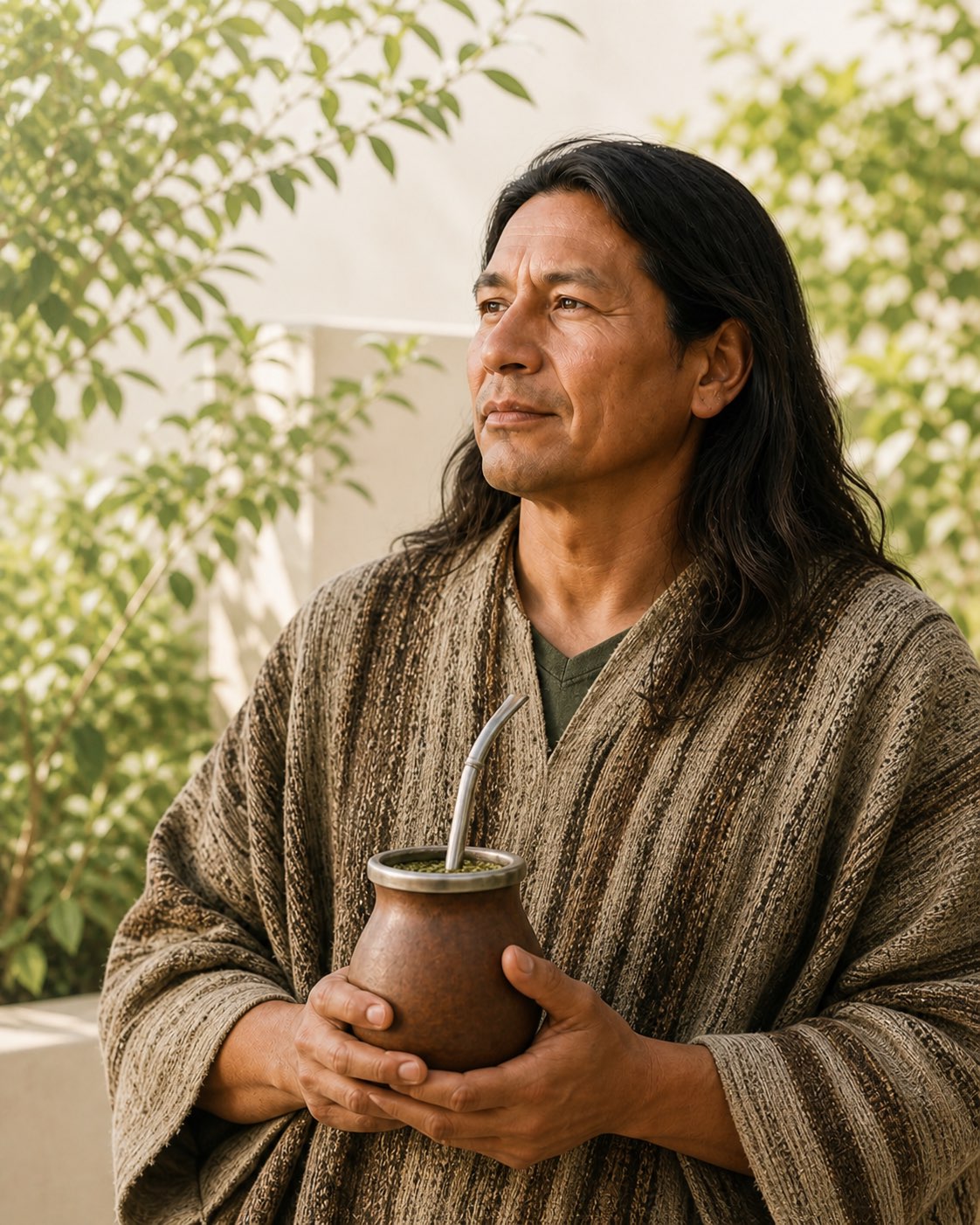 A man in traditional woven clothing holding a mate gourd in soft daylight